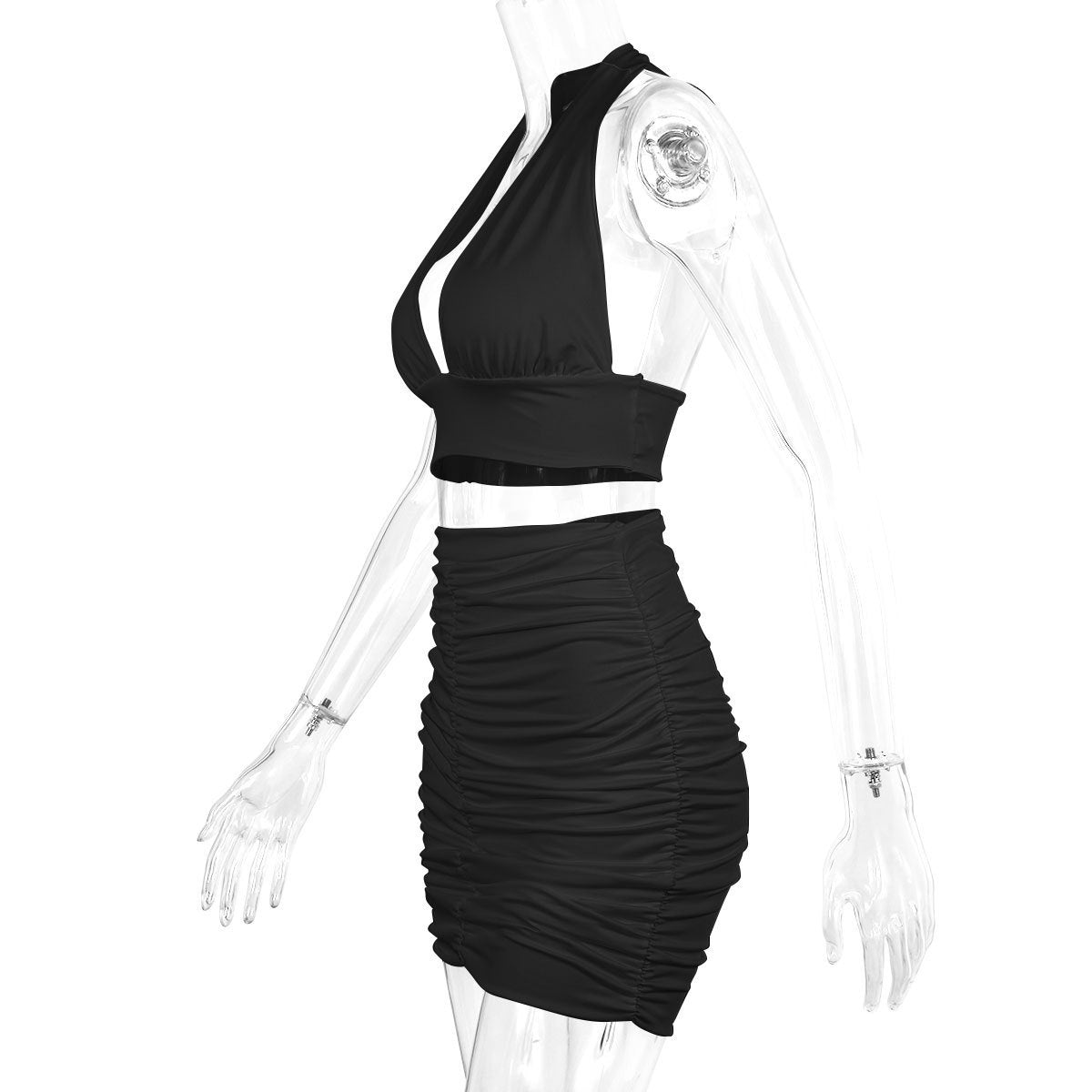 Halter Lace-up Hip Top And Pleated Hip-covering Skirt