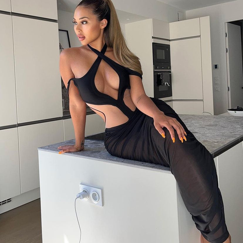Low-cut Backless Mesh Gauze Hollowed Out Personality Slim Dress