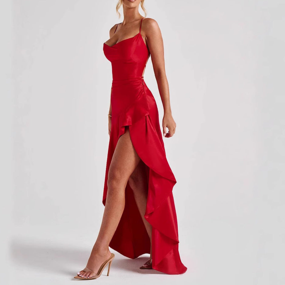Backless Ruffles Irregular Dress Evening Party Club Maxi