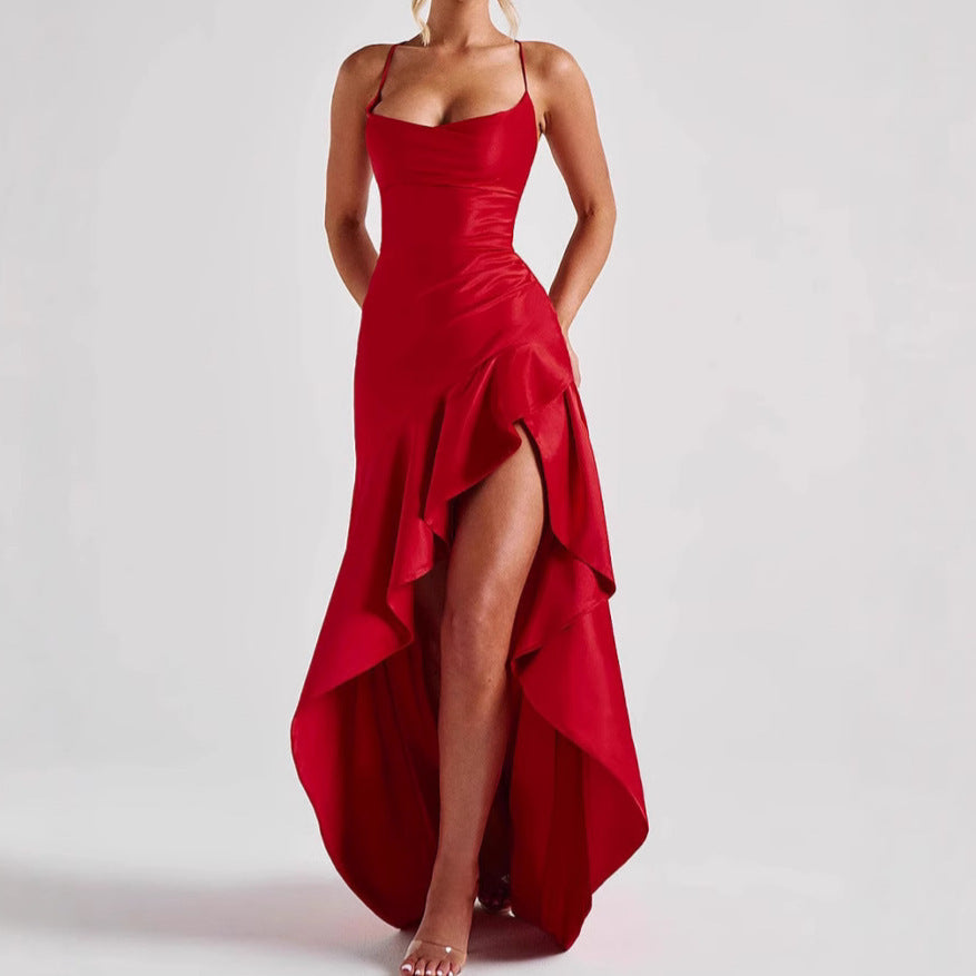Backless Ruffles Irregular Dress Evening Party Club Maxi