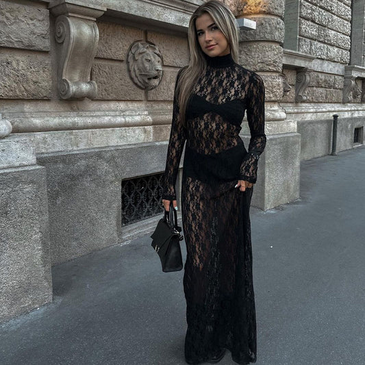 Fashionable See-through Mesh Sexy Hollow Out Lace Dress Women