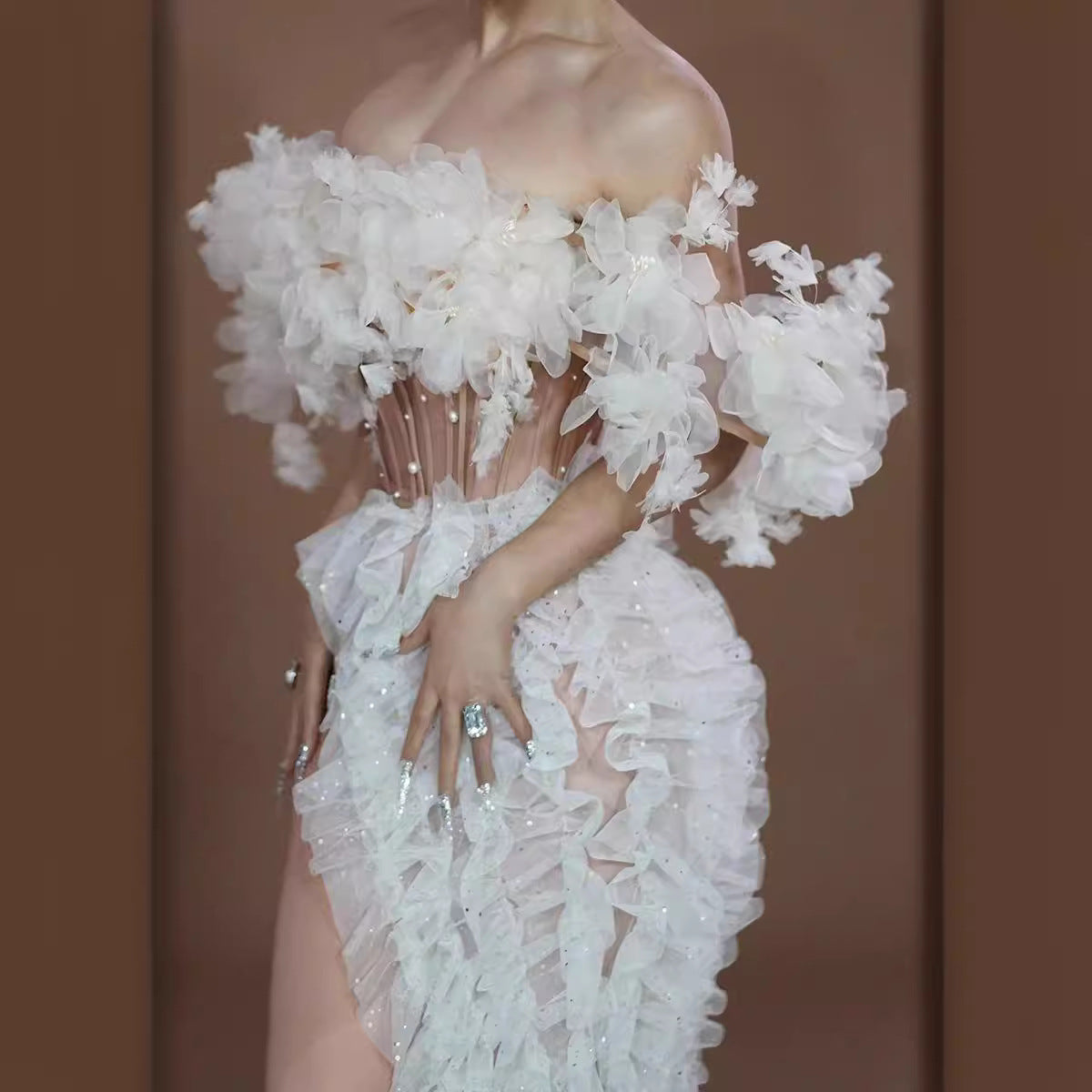 High Slit White Mesh Design Dress