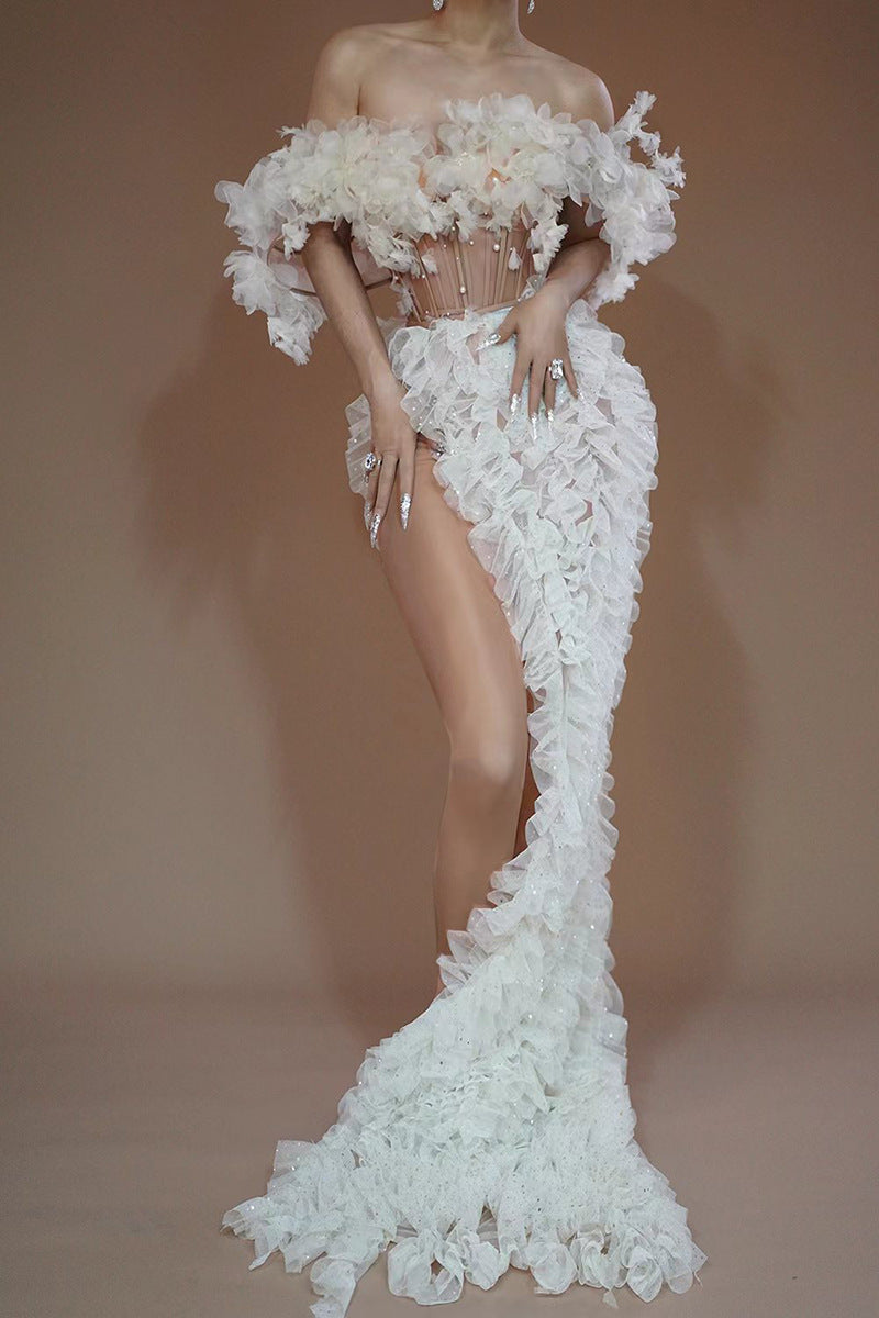 High Slit White Mesh Design Dress