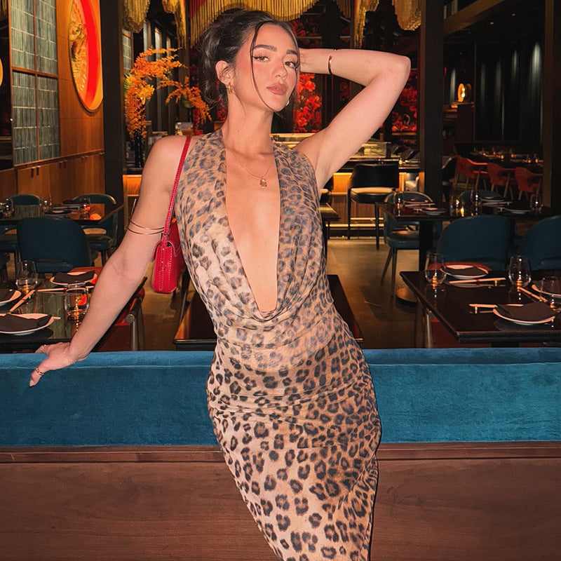 Sexy Halter Dress Leopard Print Chest Wrap Swing Collar Sleeveless