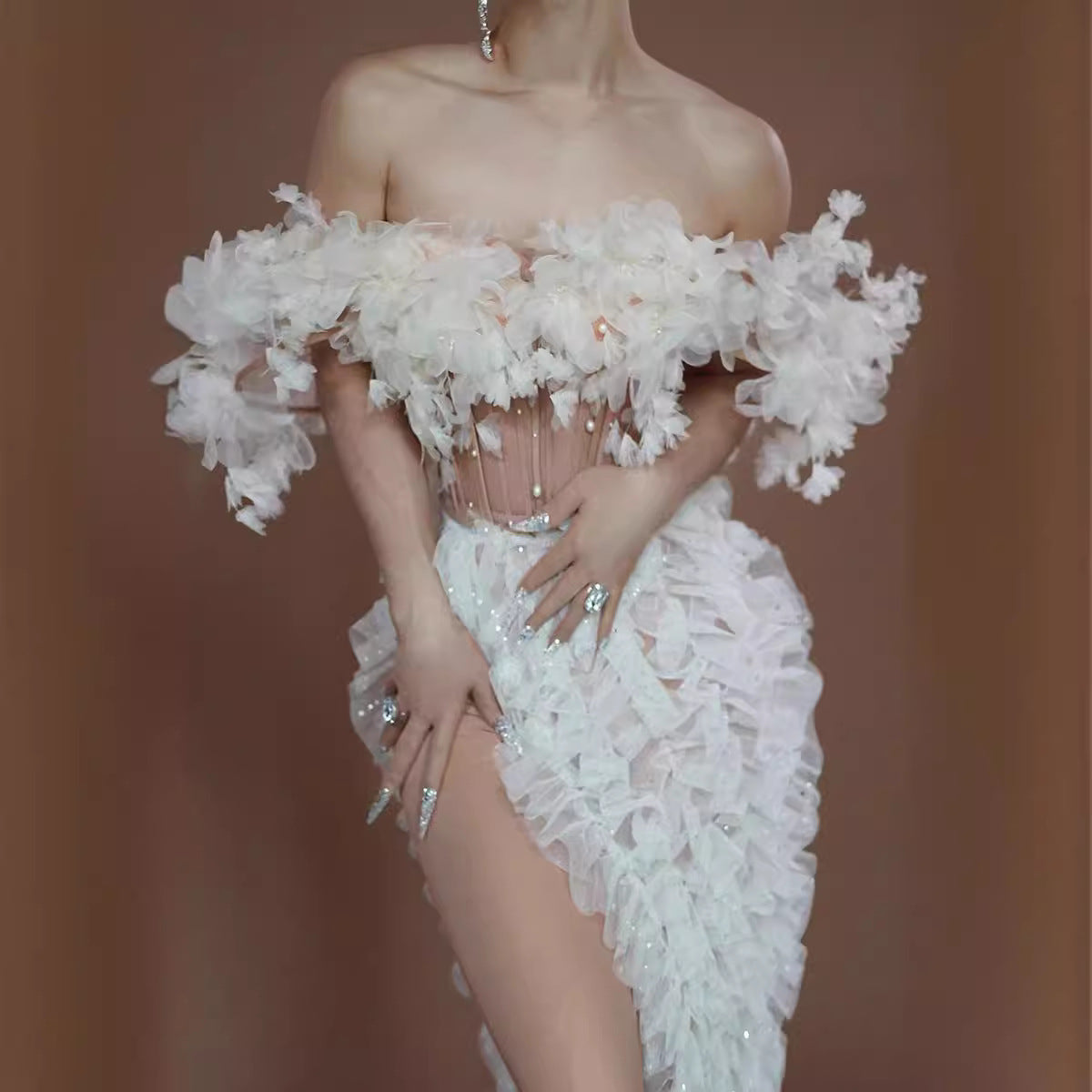 High Slit White Mesh Design Dress