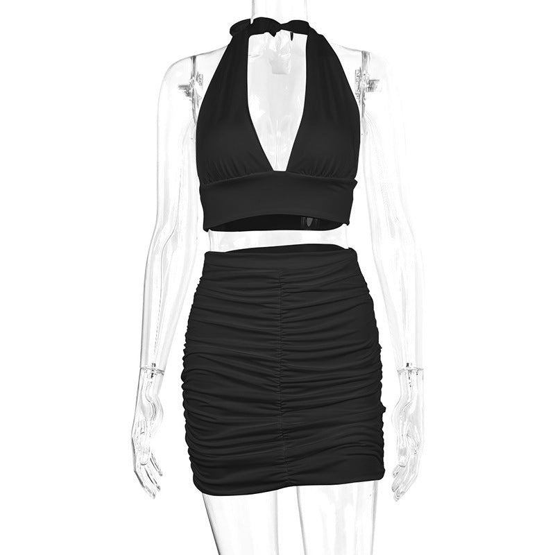 Halter Lace-up Hip Top And Pleated Hip-covering Skirt
