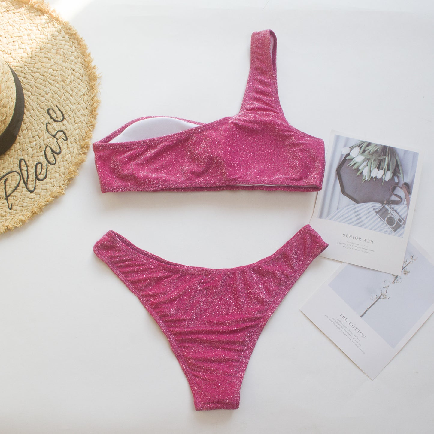 Silver Silk Swimsuit Oblique Shoulder Bikini Shiny