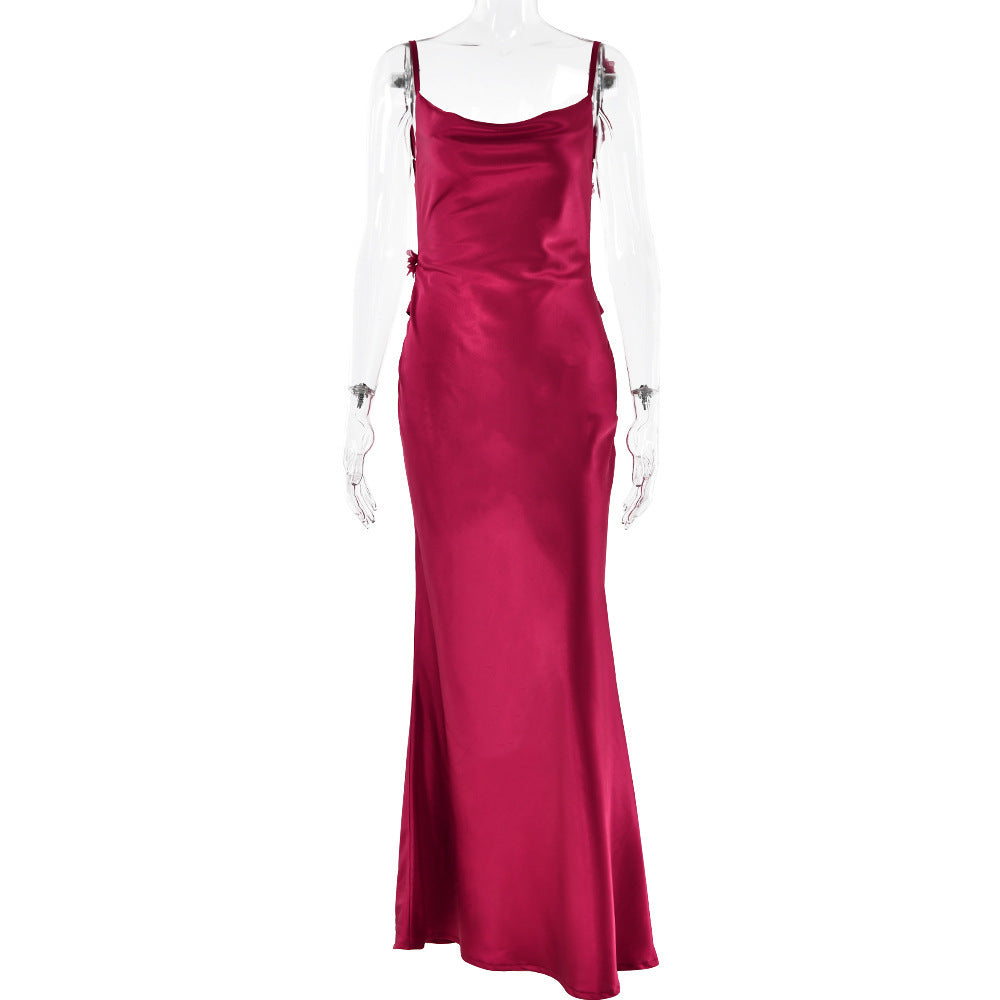 Women's Backless Flower Satin Dress