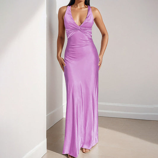 Sexy V-neck Pleated Slim Fit Slimming Graceful And Fashionable Dress