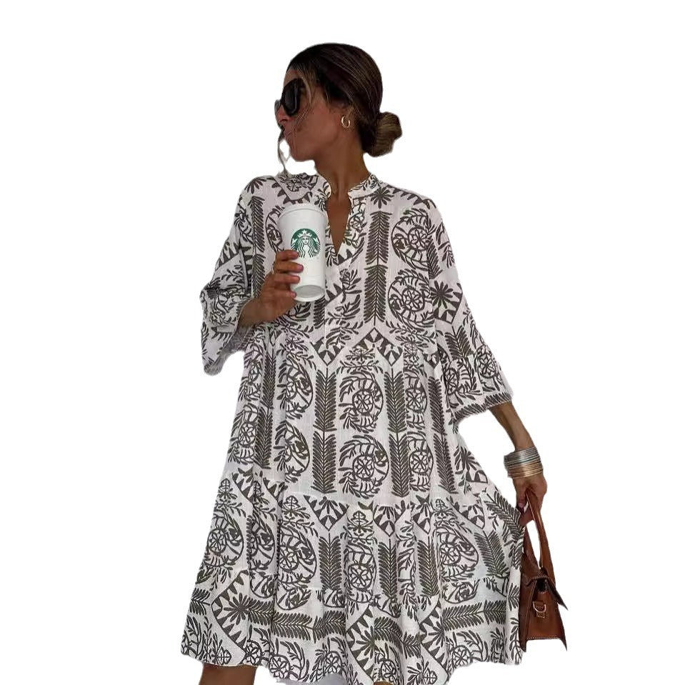 Loose Dress Women Fashion V-neck Flare Sleeve Elegant Ruffle Shirt Dress