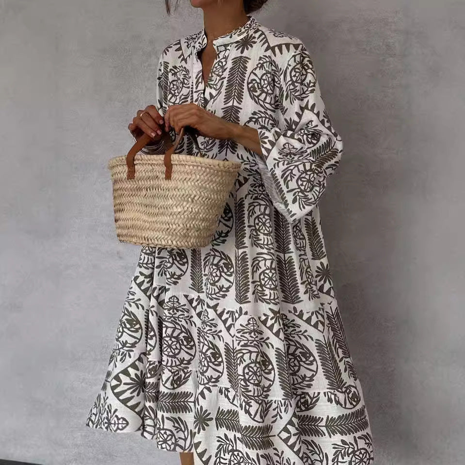 Loose Dress Women Fashion V-neck Flare Sleeve Elegant Ruffle Shirt Dress