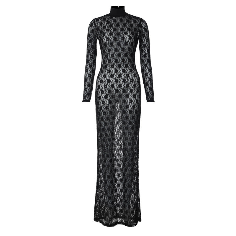 Fashionable See-through Mesh Sexy Hollow Out Lace Dress Women