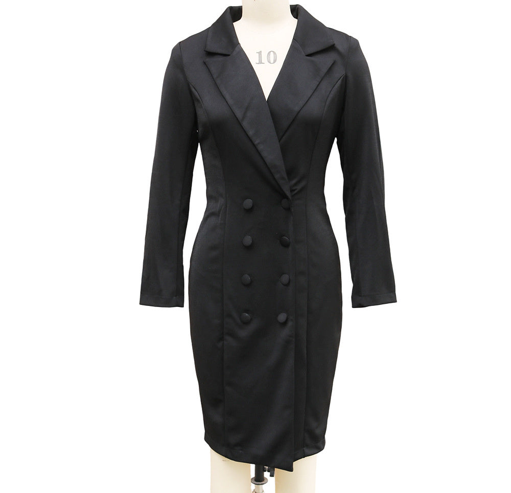 Double-breasted Blazer Dress Fashion Slim-fitting Hip-wrapped Lapel Long-sleeved Dresses Office Commuting Long Jacket Outwear For Women's Clothing
